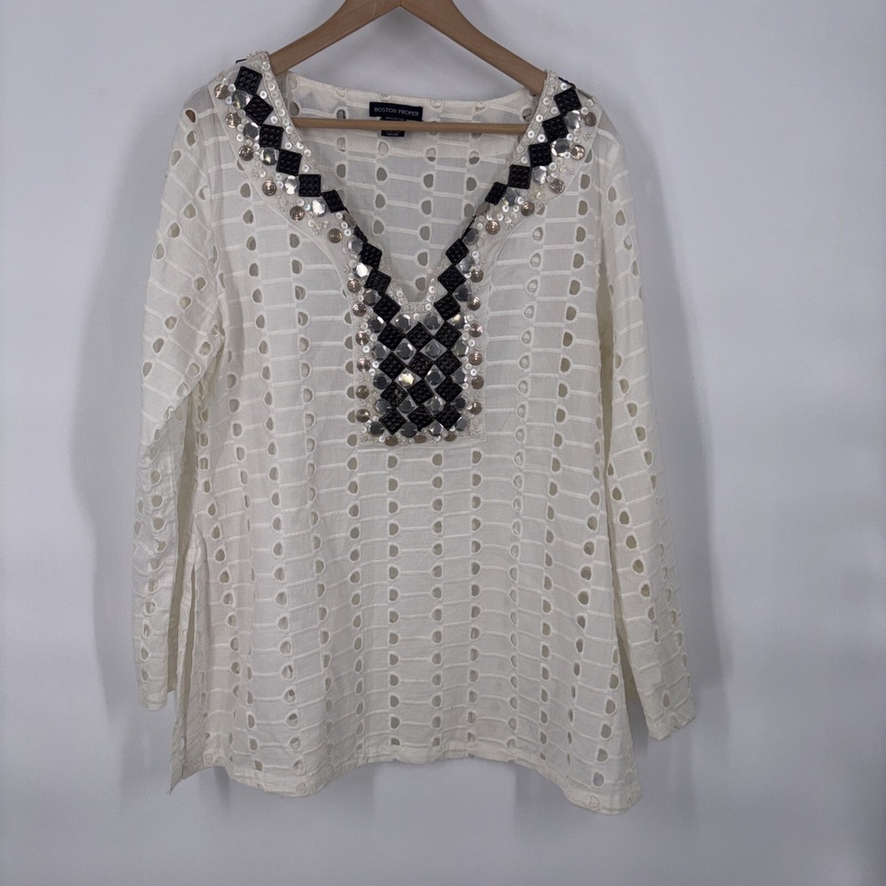 Boston Proper Womens Eyelet Tunic Top Medium Cream Metal Beads Pearls Boho